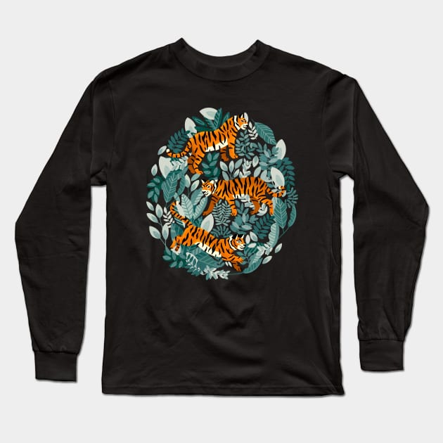 Bengal Tiger Teal Jungle Long Sleeve T-Shirt by TigaTiga